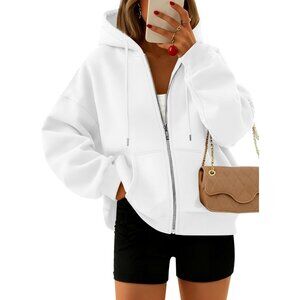 Women's White Fashion Sweatshirts Hoodies Trendy Zip Up Outfits Fleece Clothes